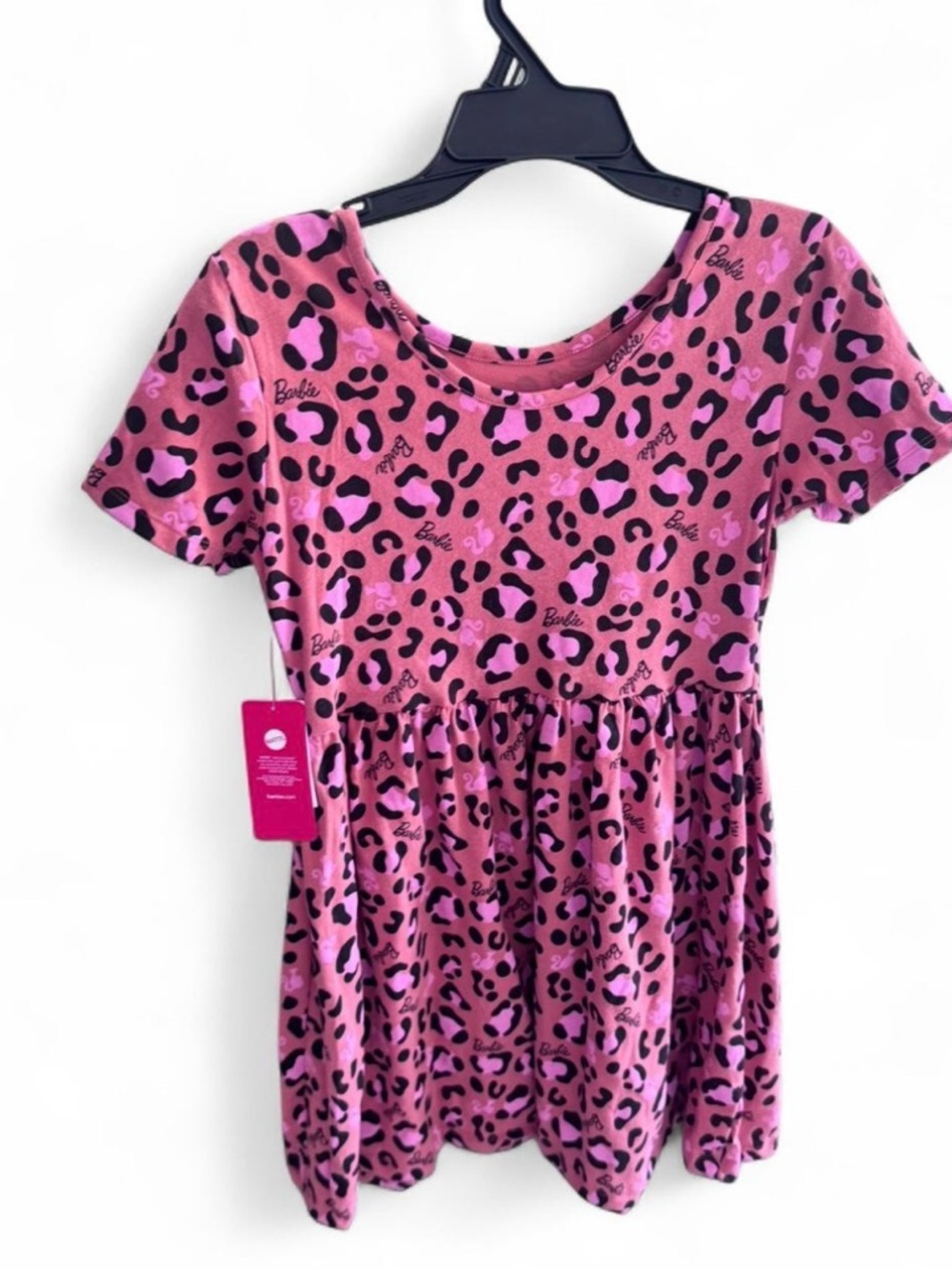 NWT Barbie pink leopard print babydoll dress Size L girls 10/12 #barbiecore